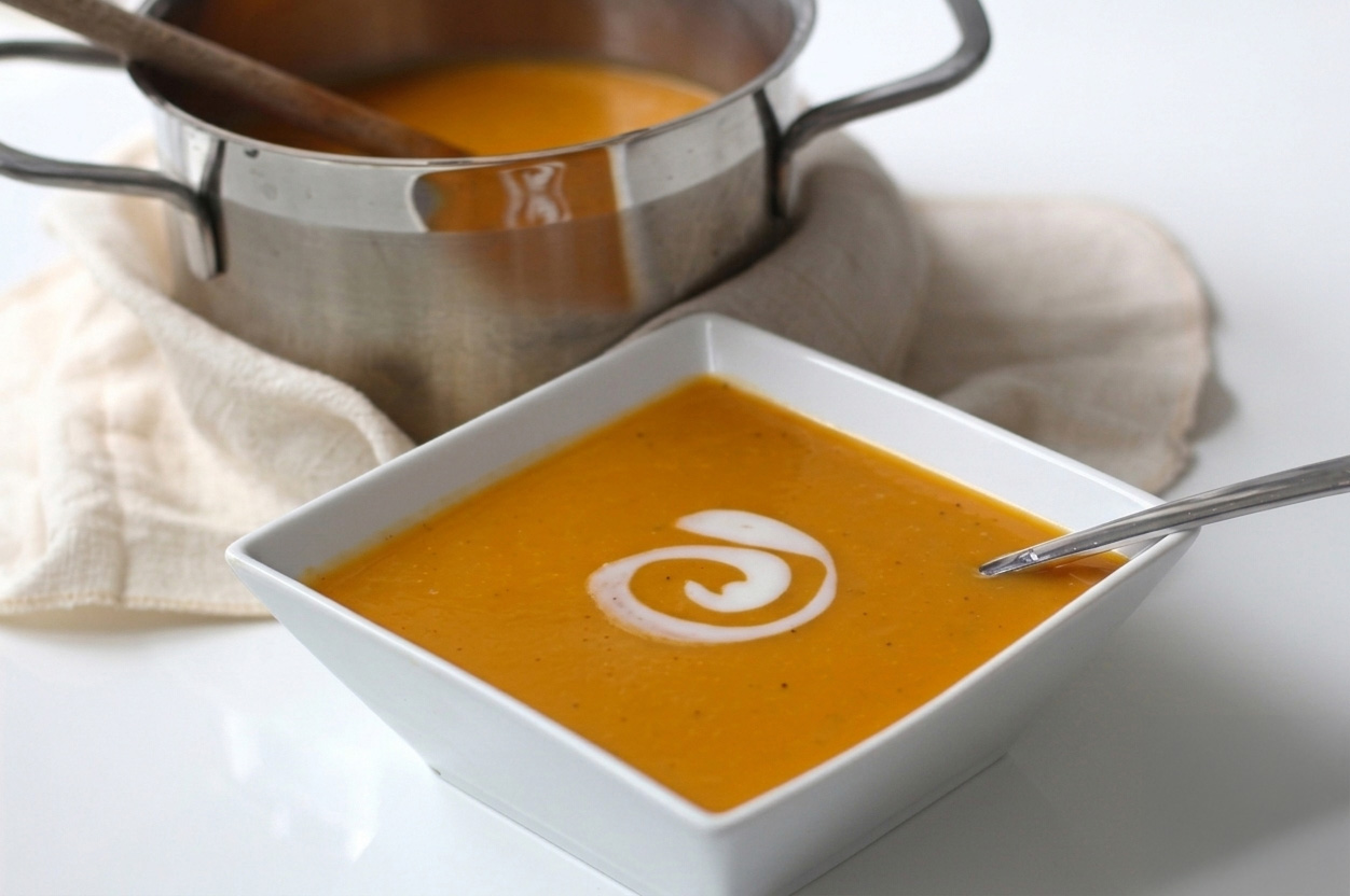 Creamy butternut squash sweet potato soup with coconut cream swirl