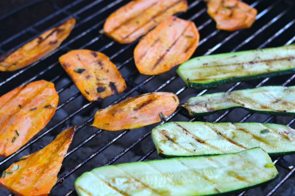 sweet Potatoes and Zucchini cooking on the grill