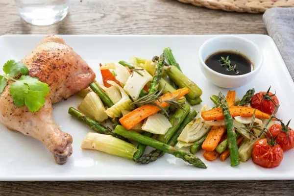 Juicy Chicken Legs with Roasted Spring Vegetables