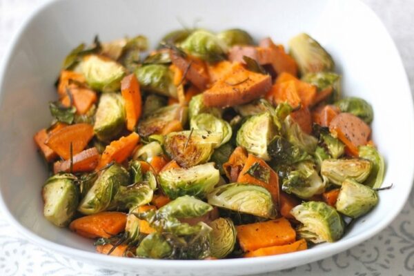 Roasted Sweet Potatoes and Brussels Sprouts