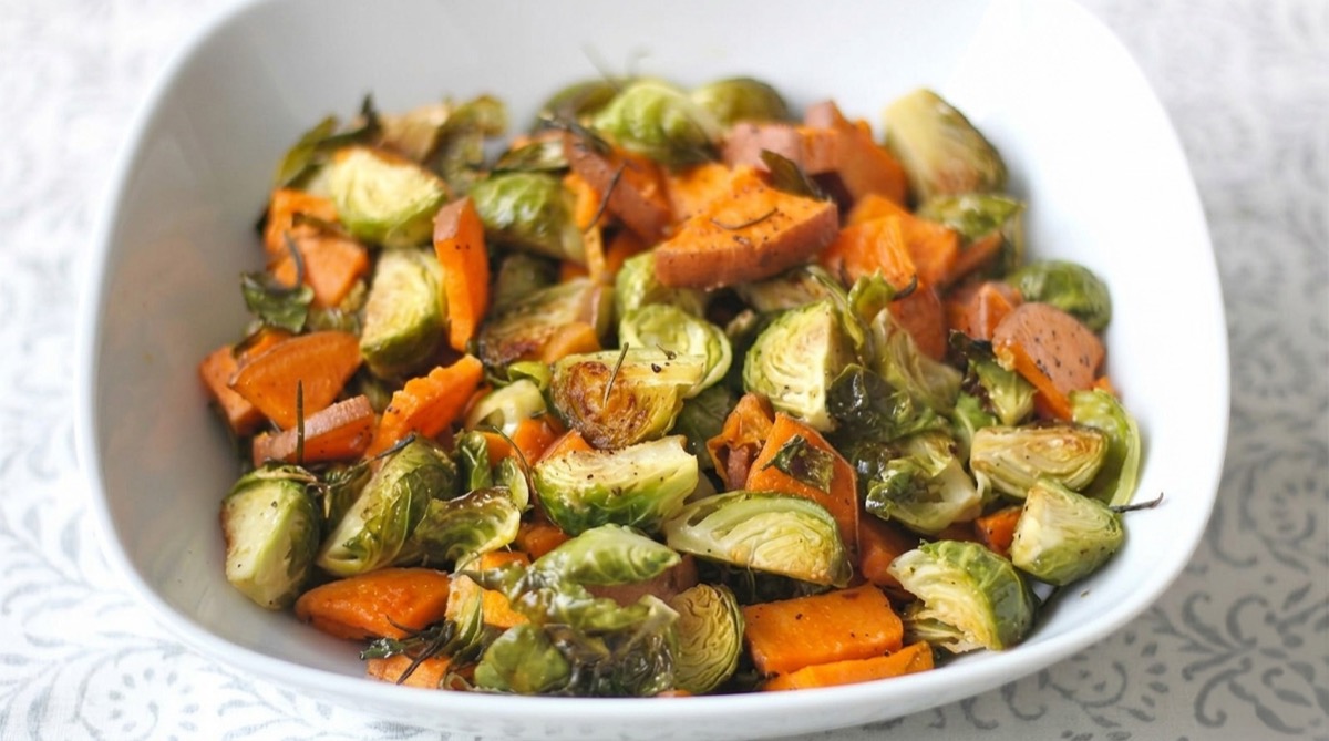 Roasted Sweet Potatoes and Brussels Sprouts
