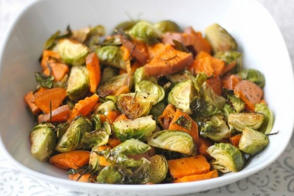 Roasted Sweet Potatoes and Brussels Sprouts