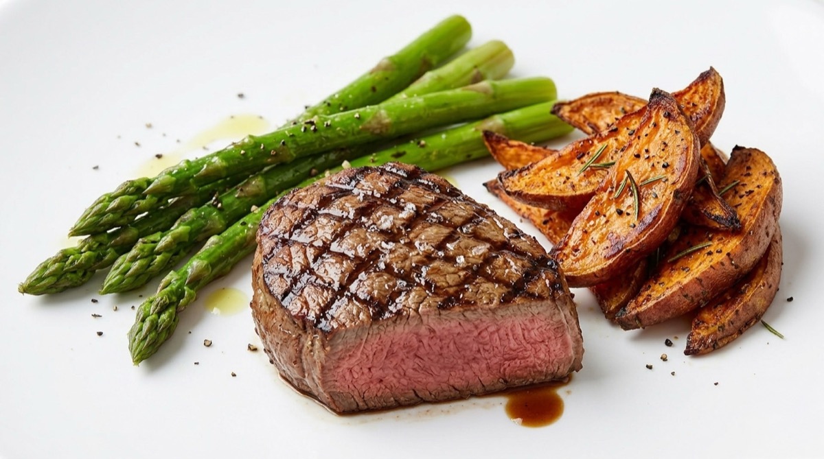 Steak with Sautéed Asparagus and Sweet Potato Wedges